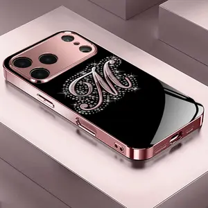 Advanced Letter M Pattern Rose Gold/Plated Pink Phone Case Cover for iPhone 17/16/15/14/13/12/11/X/XR/XS MAX Pro Air Pro Max Plus Mini Men and Women, Cute, Minimalist, Christmas, Tempered Glass Protective Case, Phone Protection, Modern Phone Case, UV Prin