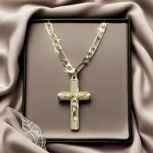 14K Gold-Plated Figaro Cross Chain with Jesus Christ Crucifix 24 Inches Long 6mm Wide Handcrafted Durable Everyday Wear Exquisite Details