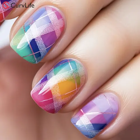 Curvlife short squoval striped Fake Nails patterns prints blue glossy shiny 2 Week Wear Damage Free