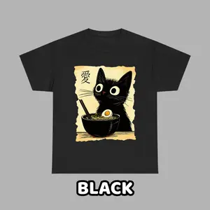 Cute Black Cat Eating Ramen With Love Kanji Graphic Tee, Vintage Y2K Anime Style, Retro Streetwear Cotton T-Shirt For Cat Lovers