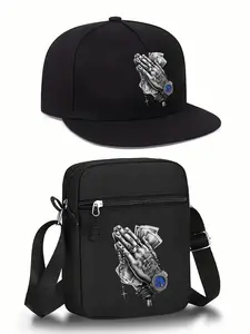 Hiphop Gesture Cross Print Unisex Flat Brim Baseball Cap and Shoulder Bag Set, Street Fashion Outdoor Sports Hat, Adjustable, All Seasons