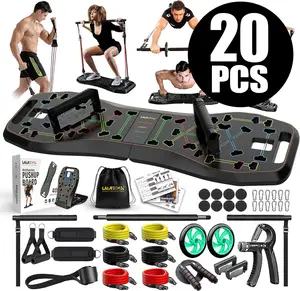 LALAHIGH Portable Home Gym System: Large Compact Push Up Board, Pilates Bar & 20 Fitness Accessories with Resistance Bands & Ab Roller Wheel - Full Body Workout for Men and Women, Gift for Boyfriend