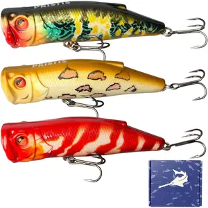 3 count Topwater Fishing Plopper Lures, Floating Popper  Set with Chemically Sharpened Hooks for Saltwater Freshwater, Top Water Plopping Swimbait Teaser for Bass Tuna Perch Pike Crappie