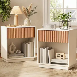 Aesthetic Fluted Nightstands (Set of 2)  Modern Wood Bedside Table with Drawer | Boho Bedroom Decor
