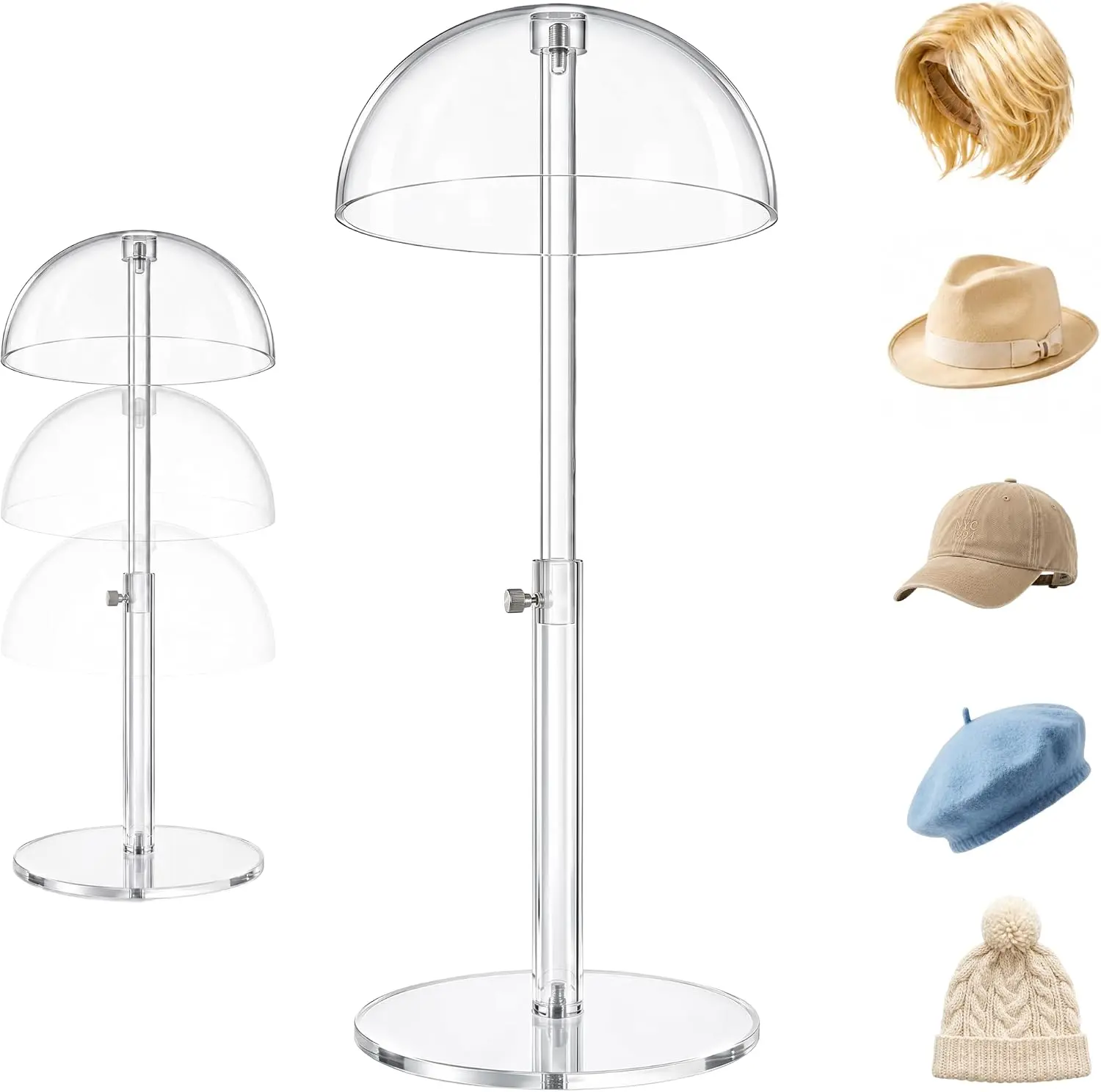 1 PCS Lightweight Transparent Acrylic Adjustable-Height Hat & Wig Display Stand, Desktop Holder for Wigs, Hats, Beanies - Retail Salon Use, Transparency