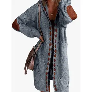 Open Front Patchwork Braided Knitted Cardigan Long Sleeve Cotton Knitwear Soft