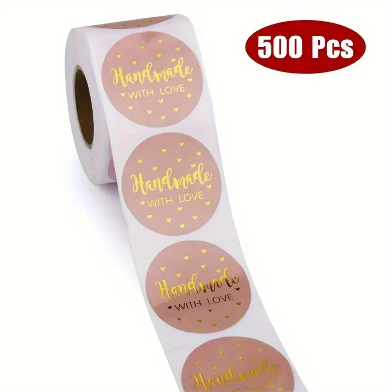 500pcs Adorable Round Kraft Paper Stickers, Personalized Labels, Sticky Labels - Handmade with Love Adhesive Labels for Baking, Wedding, Party Decorations - Perfect for DIY Crafts, Gift Tags, and Scrapbooking