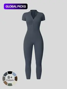 Women's Solid Short Sleeve Half Zip Sports Jumpsuit, Sporty Stand Collar Skinny Jumpsuit for Yoga Gym Workout, Ladies Sportswear for All Seasons, Workout Gym Clothing, Sporty Comfy Jumpsuit, Workout Jumpsuits