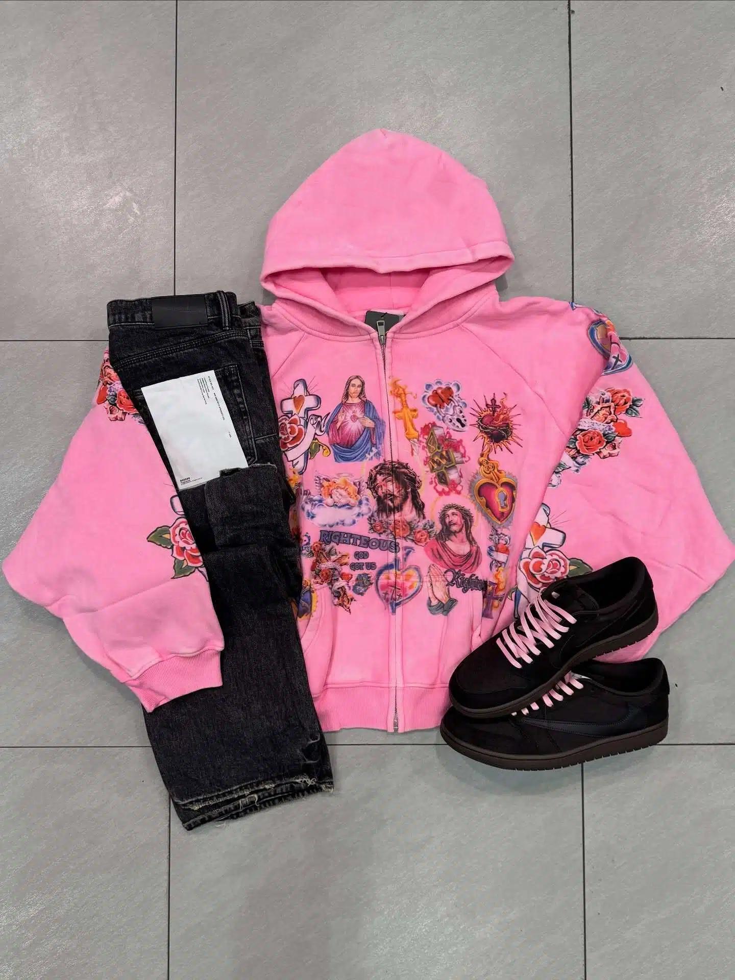 Retro fashion printed hoodie—Y2K street style that showcases a vibrant “Saint Heart and Jesus” print—simply perfect and flawless! Personalized sweatshirt, loose and stylish