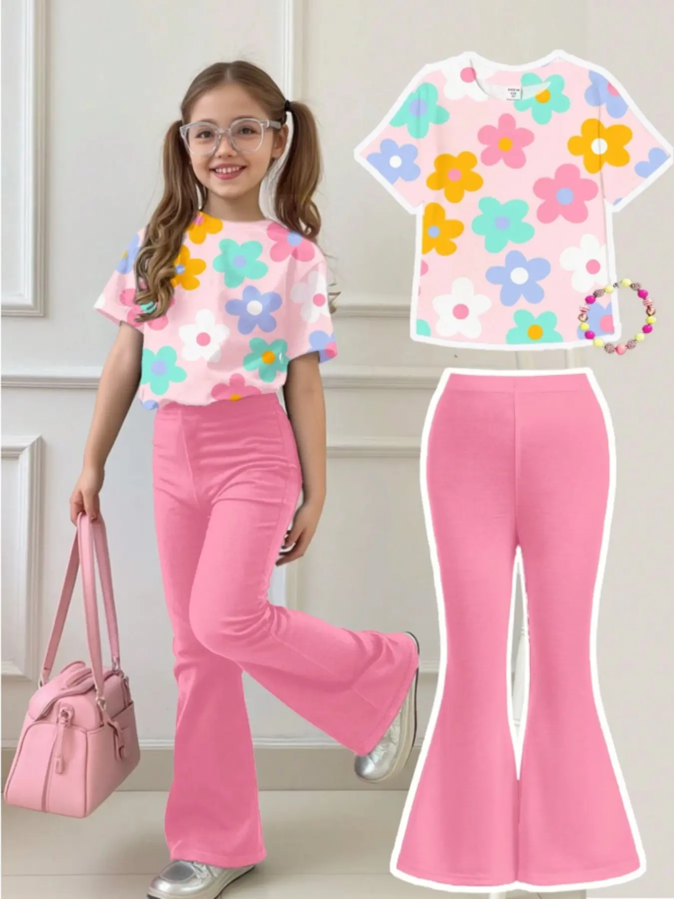 Cute Floral Pattern Set for Young Girls, Casual Cartoon Design Round Neck Short Sleeve Top & Bell Bottoms, Cute Clothing Set, Summer, Tee Pants Set