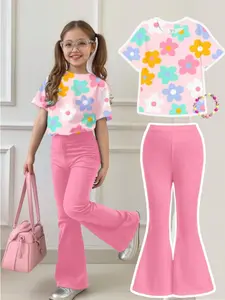 Cute Floral Pattern Set for Young Girls, Floral Print Set, Summer Clothing Set, Casual Cartoon Design Round Neck Short Sleeve Top & Bell Bottoms Flare, Summer