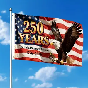 2D Flat Single-Sided & Double-Sided Optional Hanging Flag America's 250th Anniversary Patriotic Design with Bald Eagle & American Flag, Weather Resistant Outdoor Decor No Electricity Needed for Yard Garden Holiday Decor