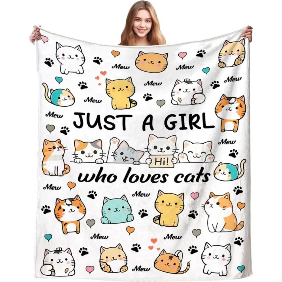 Cats Blanket Gifts for Women Just A Girl Who Loves Cats Soft Cozy Cat Throw Blankets Gifts for Cat Lovers Men Boys Girls Kids Bedroom Sofa Couch Decor 50"X40", Printed on One Side with a Plain White Back, Halloween Thanksgiving Christmas Gift
