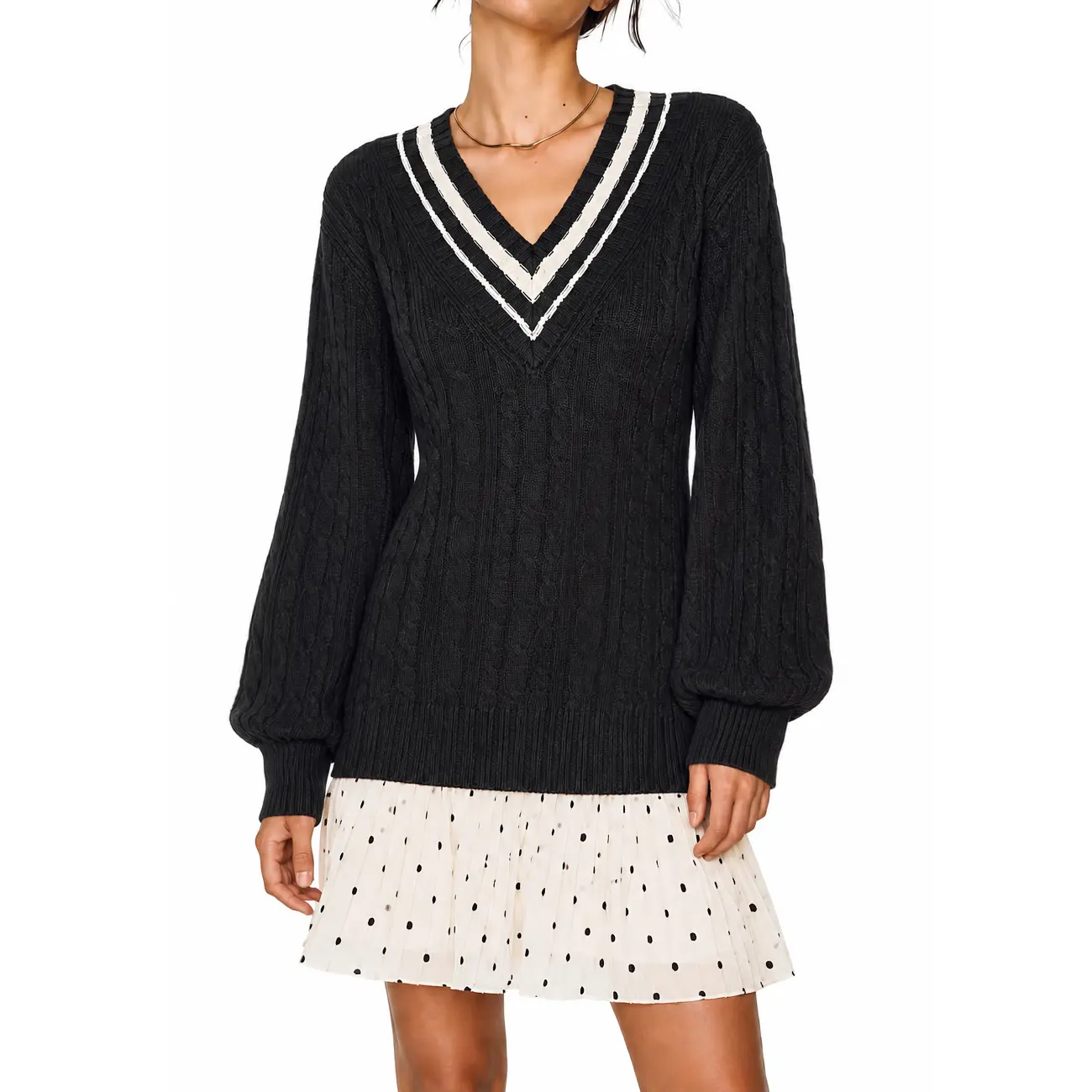 Women's2-in-1SweaterDress,VNeckCableKnitLongSleevePreppyColorBlockLayeredMiniDresswithPolkaDotPleatedSkirt,FallWinterCasualDailyPartyOutfit