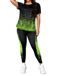 2 Piece Plus Size Gradient Print Sports Set, Round Neck Short Sleeve Top + High Waist Yoga Pants, Breathable Quick-Dry Fitness