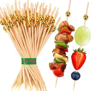 【Pack of 100】 Cocktail Picks For Appetizers, Charcuterie & Party - 4.7" Gold Bamboo Skewers, Stylish Fancy Toothpicks For Fruit, Vegetable, Drinks, Desserts, Sandwiches (Mini Pearl Food Garnboardish Sticks)