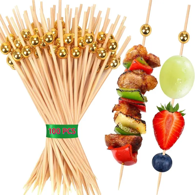 (Pack of 100) 4.7 Inch Gold Pearl Bamboo Cocktail Picks, Fancy Mini Garnish Skewer Toothpicks, Kitchen Serving Supplies for Party Charcuterie Appetizer Fruit Dessert Sandwich Drink