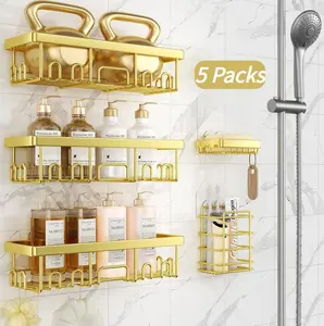 2026 Mother's Gift,5-Pack Gold and Pink Bathroom Accessories Set Rust-Proof Waterproof No Drilling Shower caddy Storage Rack with Toothbrush Soap Holder Large Capacity Minimalist Design Holiday Haul Deal Christmas Gift kitchen  shelving