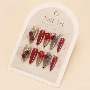 Wine Rose Rhinestone Ballet Nails, European and American Style High-End -Lighting Wearable Nails, Elegant and Stylish Nail Art