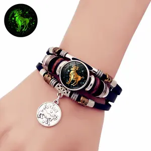 Luminous 12 Constellation Leather Bracelet for Men and Women Couples Gift Handmade Multi-layer Beaded Bracelet Creative Hand Jewelry
