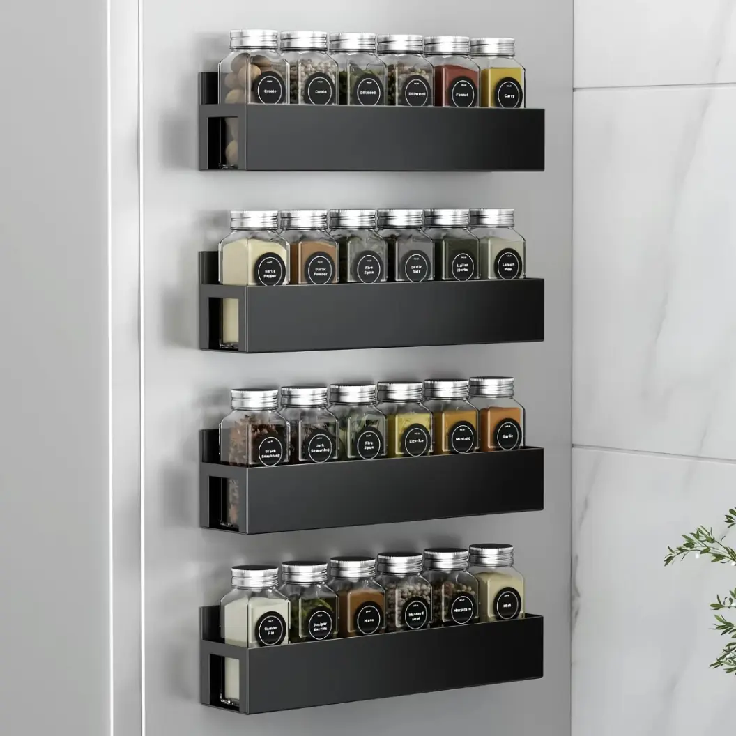 Black 4-Pack Metal Magnetic Spice Rack Organizer with Hooks, Durable Storage & Adjustable Home Organizer for Refrigerator, Oven, Kitchen