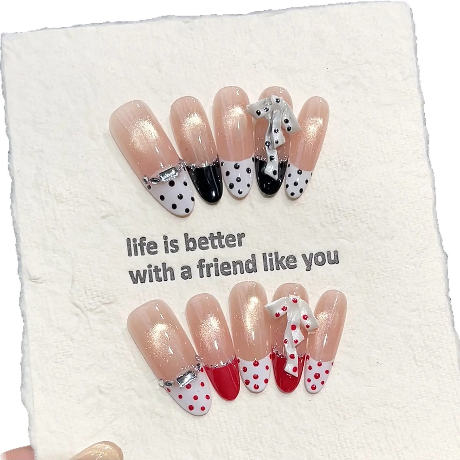 Beauty Products Press-On Nail Set - Handmade Black Polka Dot Bow, Glittery Gold Gradient Halo Details, Removable Reusable Push-Button Acrylic Plastic Artificial Finger Nails & Stickers