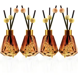 4 Empty  Glass Diffuser Bottles, Refillable Diffuser Bottles with 20 count Reeds Sticks &12  Balls&4 Metal Leaves, Reed Diffuser Set,  Style,60ML, Gradient Brown.