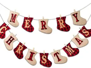 Merry Christmas Burlap Banner-Sock Shaped Christmas Decoration,Outdoor Indoor Hanging Decor,Xmas Party Supplies Decoration