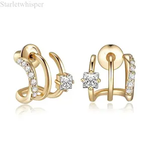 Women's 16K Gold-Plated Triple-Hoop Illusion Earrings, Double-Hoop Drop Dangle Style, Fashion Jewelry for Women