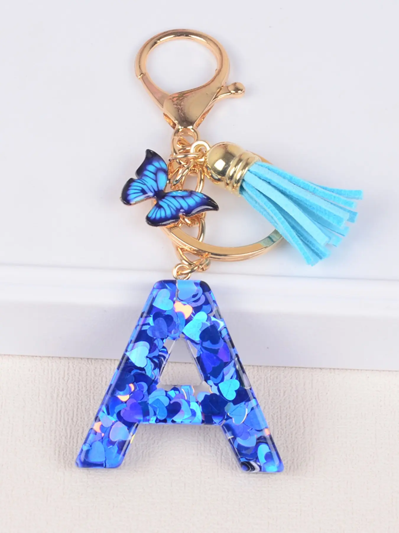 Women's Initial Keychain with Tassel Butterfly Charm, Cute Car Key Chain Resin Glitter Letter Pendant, Wallet Backpack Decoration, Trendy Cute Keychain, Cute Keychain Accessory