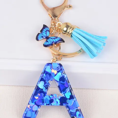 Women's Initial Keychain with Tassel Butterfly Charm, Cute Car Key Chain Resin Glitter Letter Pendant, Wallet Backpack Decoration, Trendy Cute Keychain, Cute Keychain Accessory