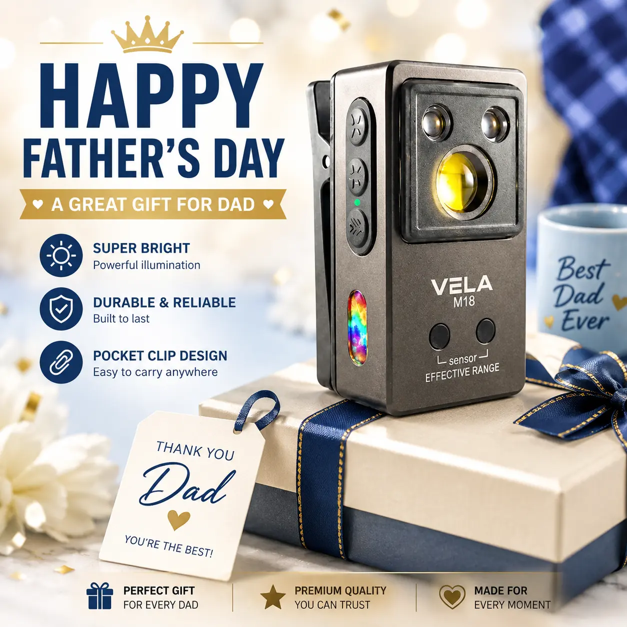 Father's Day Gifts - Vela Aluminum Alloy EDC Flashlight, 270lm & 80m Beam Mini LED Torch with Magnetic Clip, 5 Light Sources (White/Red/Blue/UV/RGB), IPX4 Waterproof USB-C Rechargeable Clip-on Light