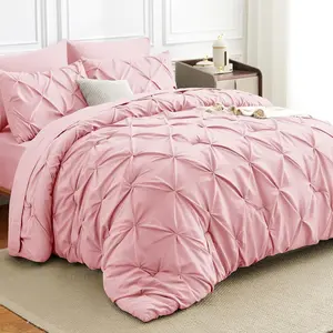 Full Size Comforter Set - 7 Pieces Pink Pintuck Bed in a Bag, Pleat Room, All-Season Soft Bedding Gift with Comforter, Sheets, Pillowcases & Shams
