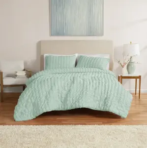 3-Piece Seersucker Comforter Set, Green Sage, FQ, All Ages, Unisex