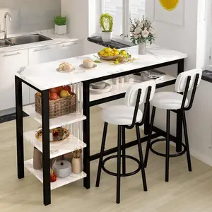 LinkRomat 3-Piece Bar Table and Chairs Set,Modern White Faux Marble, 2 PU Cushion Bar Stools, Kitchen Counter with 3 Tier Storage Shelves, Space Saving