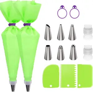 Reusable Piping Bags and Tips Set- 15Pcs Bake Cake Decorating Kit with 2 Silicone Icing Pastry Bags,6 Stainless Steel Frosting Tips,2 Icing Piping Bags Ties,2Couplers,3Cake Scraper (Green) MABAOLUO