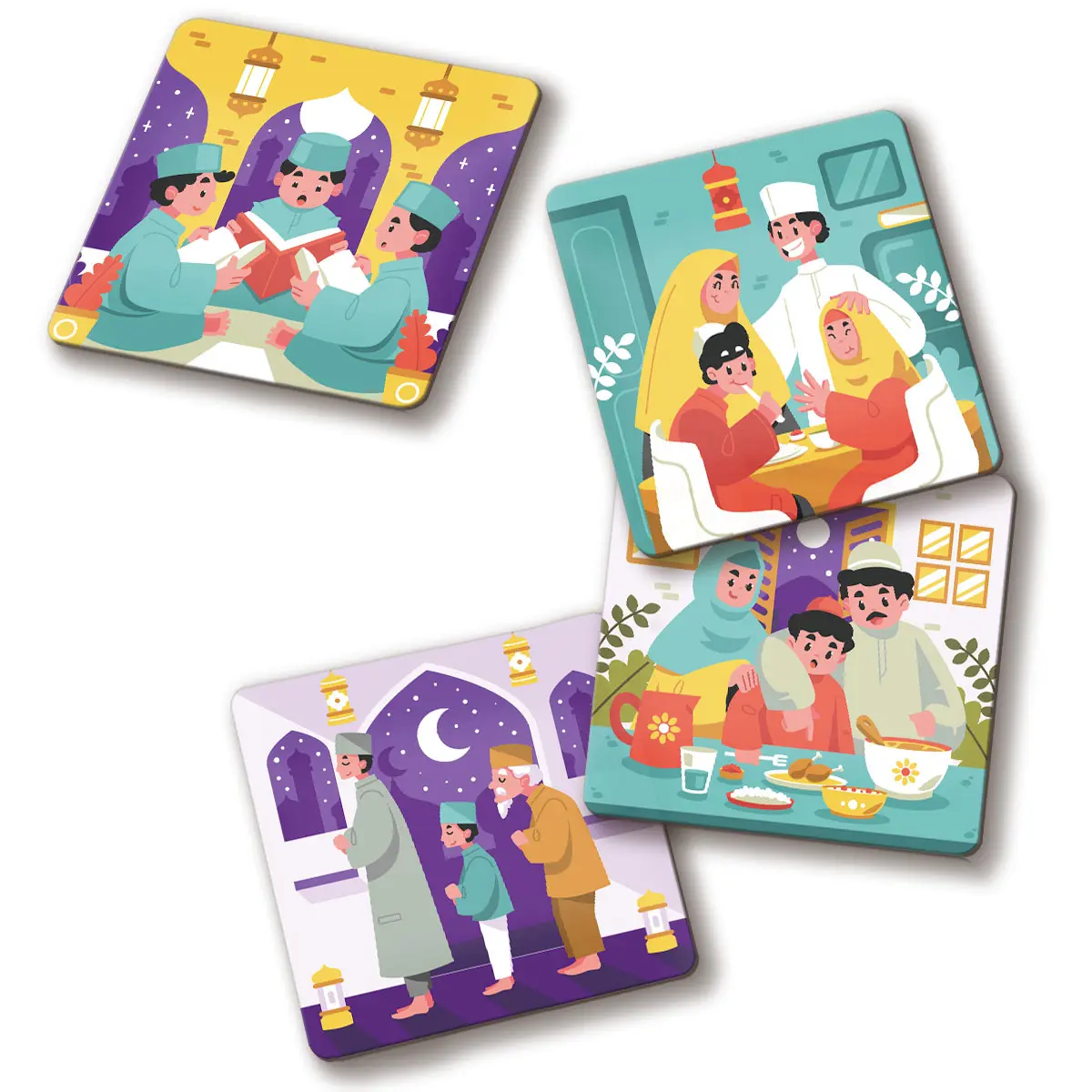 4 pcs Ramadan Festival Square Coasters, Colorful Festive Wooden Coasters, Festive Kitchen Decor, Home Decor Accessories