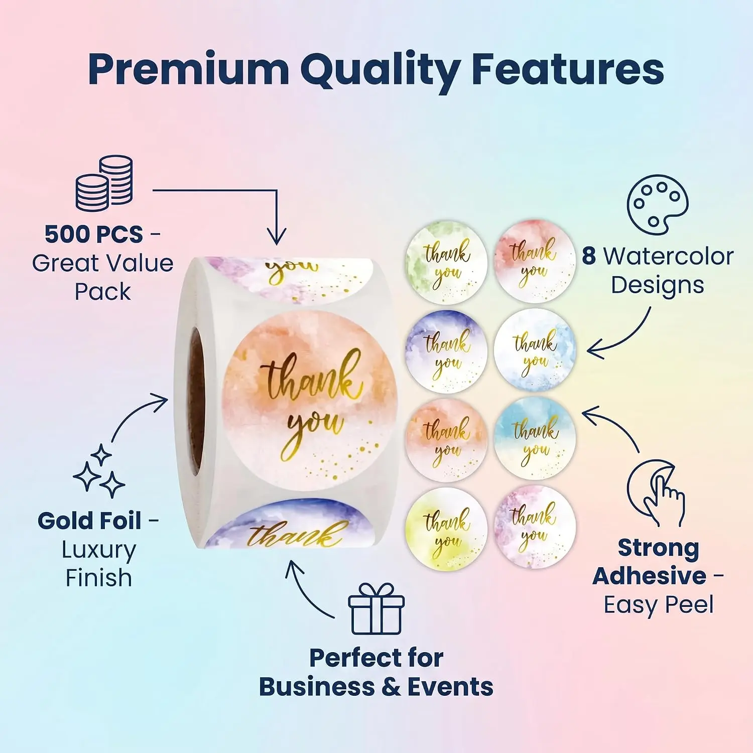 Round Thank You Stickers Roll - 500Pcs Elegant Watercolor Design Office Postal Seals for Small Business Packaging, Parcels, Gifting & Branding (Envelopes, Postcards Compatible)