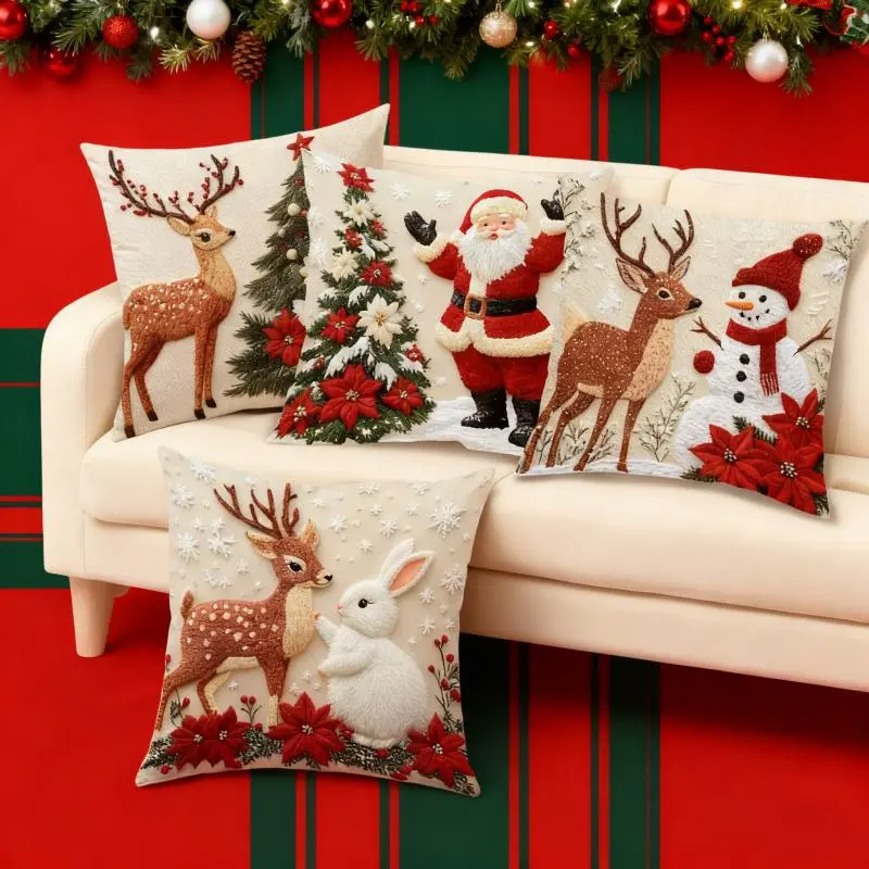 4 Christmas Throw Pillows (Without Pillow Inserts), Reindeer and Rabbit Decorative Sofa Atmosphere Decorations, Christmas Decorations, Home Decorations, New Year DecorationsABahsyxl shop3