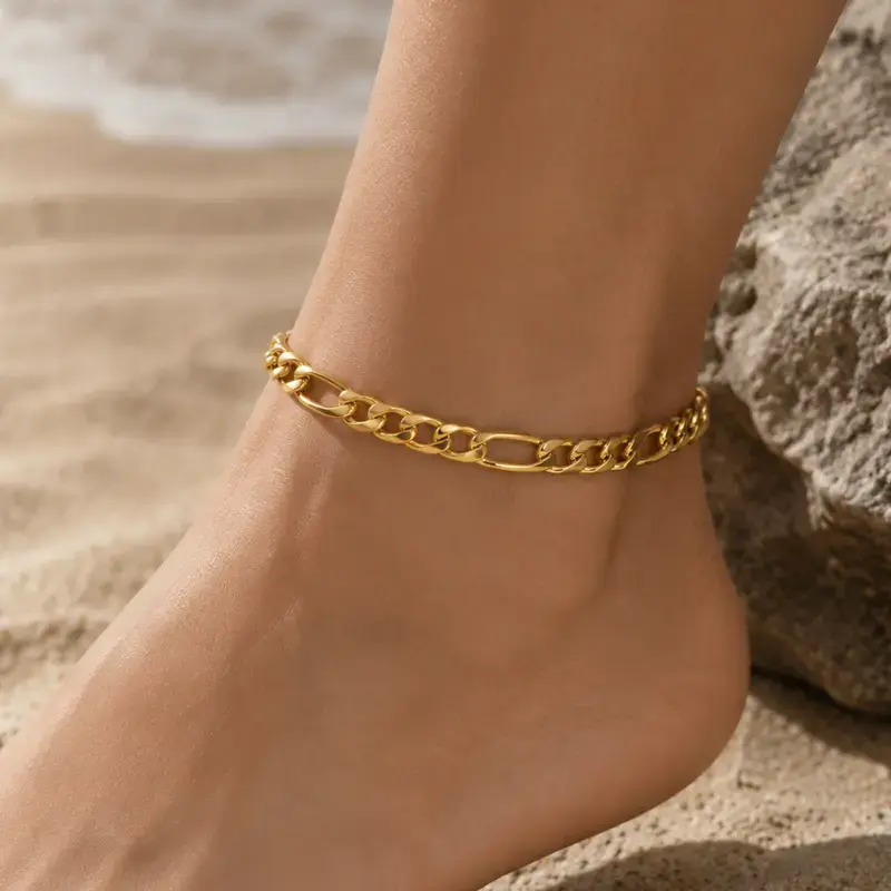 Unisex Minimalist Gold-Tone Polished Link Chain Anklet - Stainless Steel Costume Jewelry with Shiny Adjustable Clasp for Casual Wear, Stainless Steel Jewelry, Polished Look