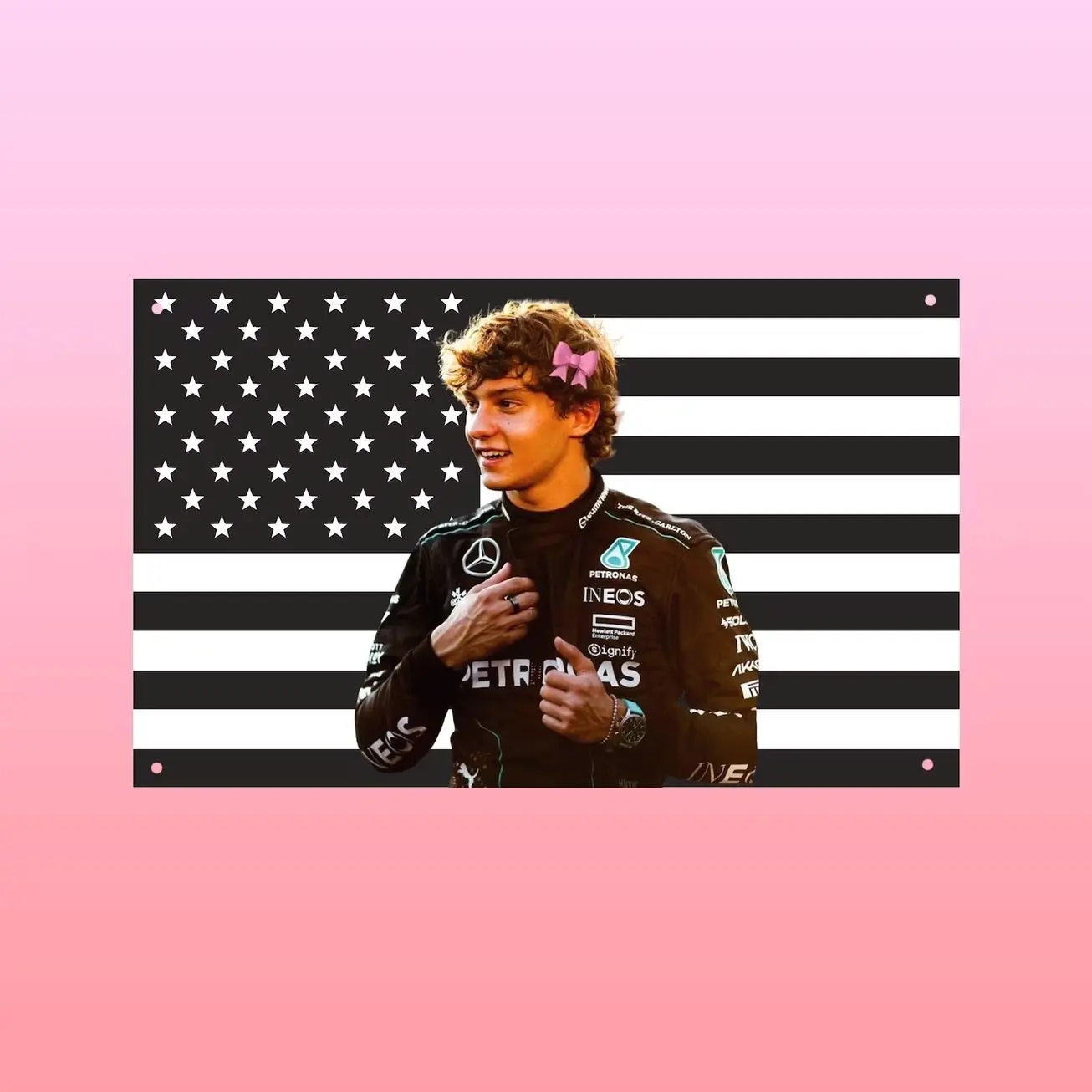 Kimi Antonelli F1 Black US Flag Banner Formula One Wall Decor | Mercedes Driver Flag Aesthetic Frat Room Dorm Racing Flag