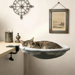 Adjustable Cat Table Bed – Sink-In Design Cat Hammock for Desk, Holds Up to 45 lbs – Sturdy Metal Frame with Safety Clips, Removable Washable Plush Cover – Perfect for Home or Gaming Desk