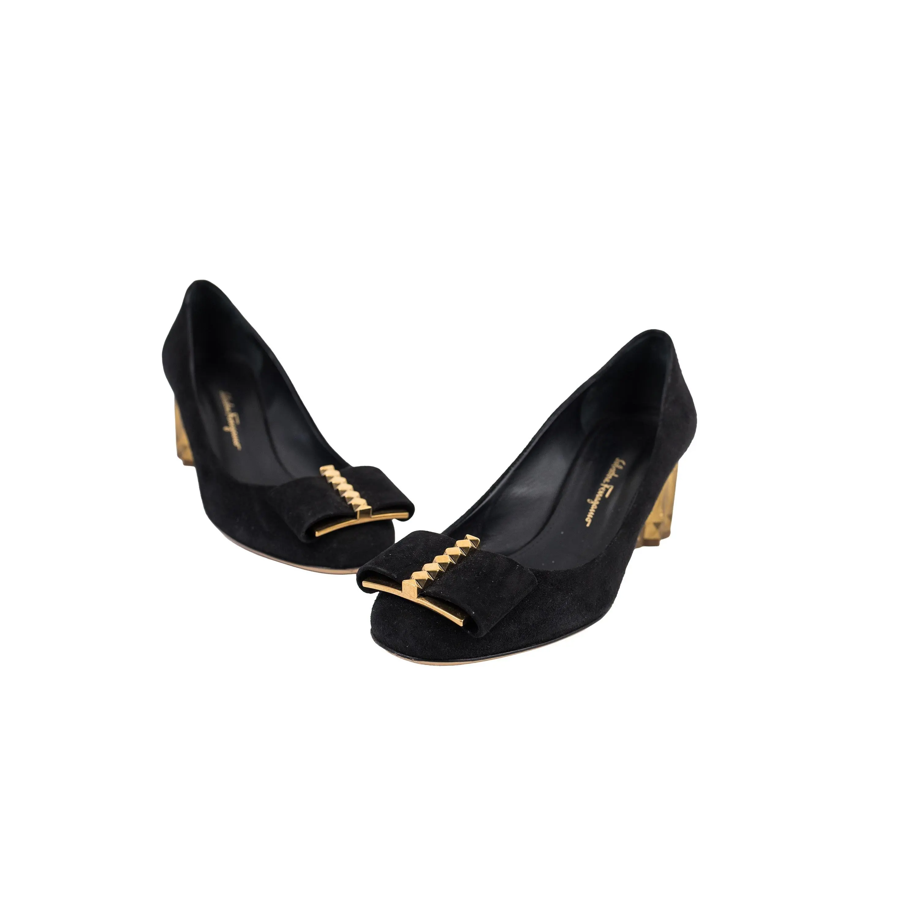 Salvatore Ferragamo Black Suede Lucca Bow Gold Block Heel Pump Size 8