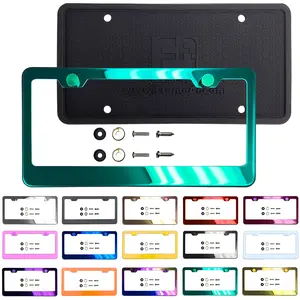 Silicone Back Guard License Plate Frame Green Mirror Chrome Electroplating Universal Fit Anti Rust Metal Screw On Cap Cover, T304 Stainless Steel, Rust Proof Weather Proof (Qty: 1 Frame)