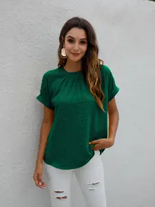 Women's Emerald Green Swiss Dot Blouse, Batwing Sleeve Keyhole Back Blouse, Top for Summer, Ladies Clothes for Daily Wear, Effortless Elegance for Any Occasion, chic T-shirt, Womenswear