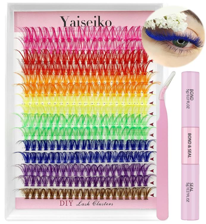 Colorful Lash Extension Kit with 300 Pcs 40D Colored Lash Clusters, Bond and Seal and Applicator 14 16mm Color DIY Eyelash Individual Lashes for Beginners Self Application DIY at Home, by Yaiseiko