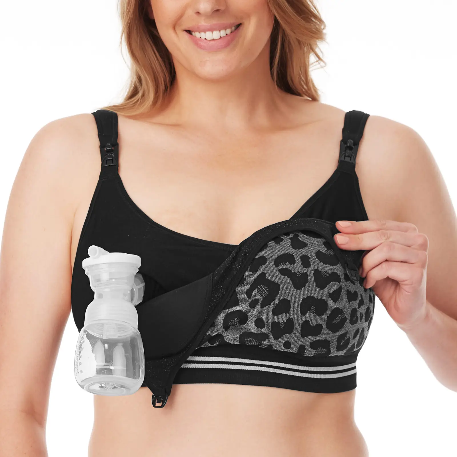 Momcozy Seamless 4-in-1 Pumping Bra Hands Free, HF022 CozyFitClasp Pumping & Nursing Bras,Supportive Breast Pump Bra Leopard Black