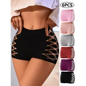 6pcs Women'S Nylon Blend Boyshorts, Simple Solid Color Knit Fabric Underwear, Mid Rise, Medium Support, with Geometric Cut-Outs