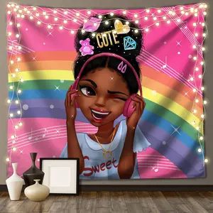 African American Girl Love Music Tapestry - Afro Black Girl Magic Tapestries - Black Art Wall Hanging With Hd Prints,Lightweight,Soft,No-Fading For Girls Bedroom Kids Room Decor