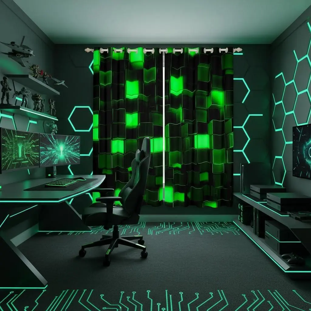 3D Green Block Window Curtain | Video Games Window Drapes Bedroom Decor,Miners Gaming Blackout Curtains Geometric Grid Living Room Top 2 Panels